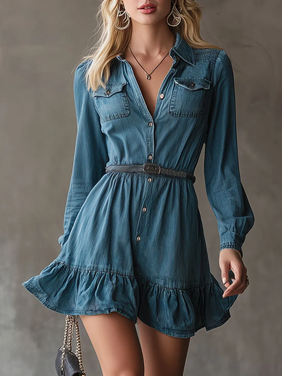 Retro Blue Denim Collar Button Mini Dress sold by Oyrosy