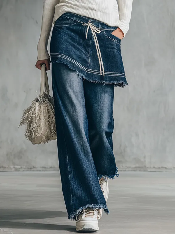 Fashionable Retro-style Two-piece Blue Mini Skirt And Wide-leg Jeans sold by Oyrosy