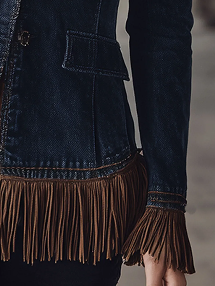 Western Retro Brown Faux Suede Tassel Blue Denim Jacket sold by Oyrosy product image thumbnail 4