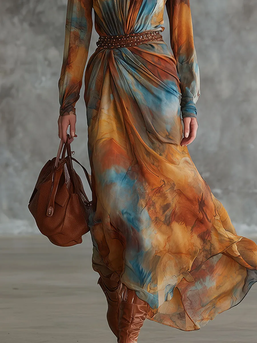 Elegant And Stylish Orange Chiffon Long Sleeves Maxi Dress sold by Oyrosy product image thumbnail 4