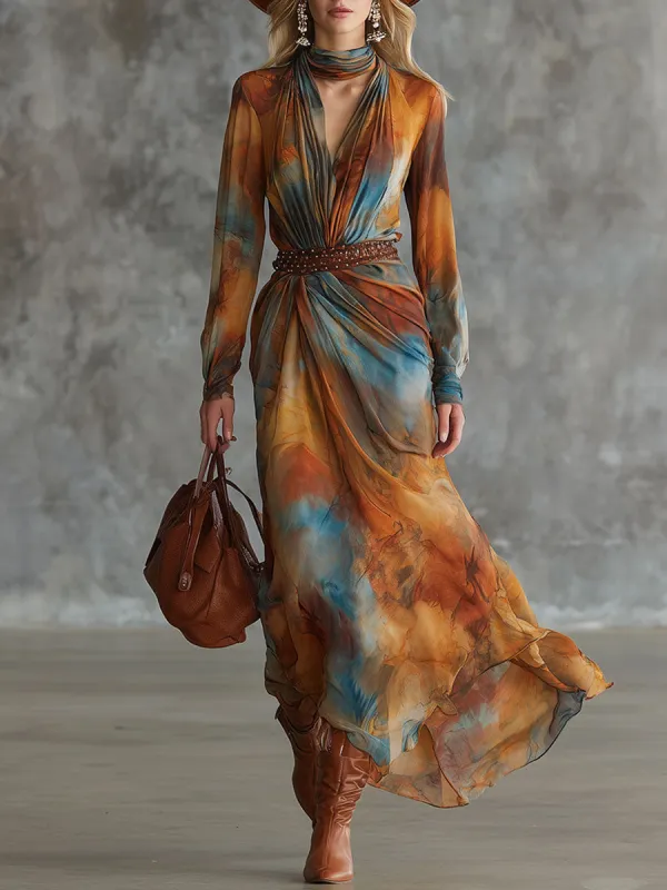 Elegant And Stylish Orange Chiffon Long Sleeves Maxi Dress sold by Oyrosy