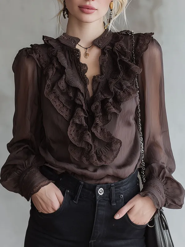 Stylish Brown Ruffled Chiffon Long-Sleeved Shirt sold by Oyrosy
