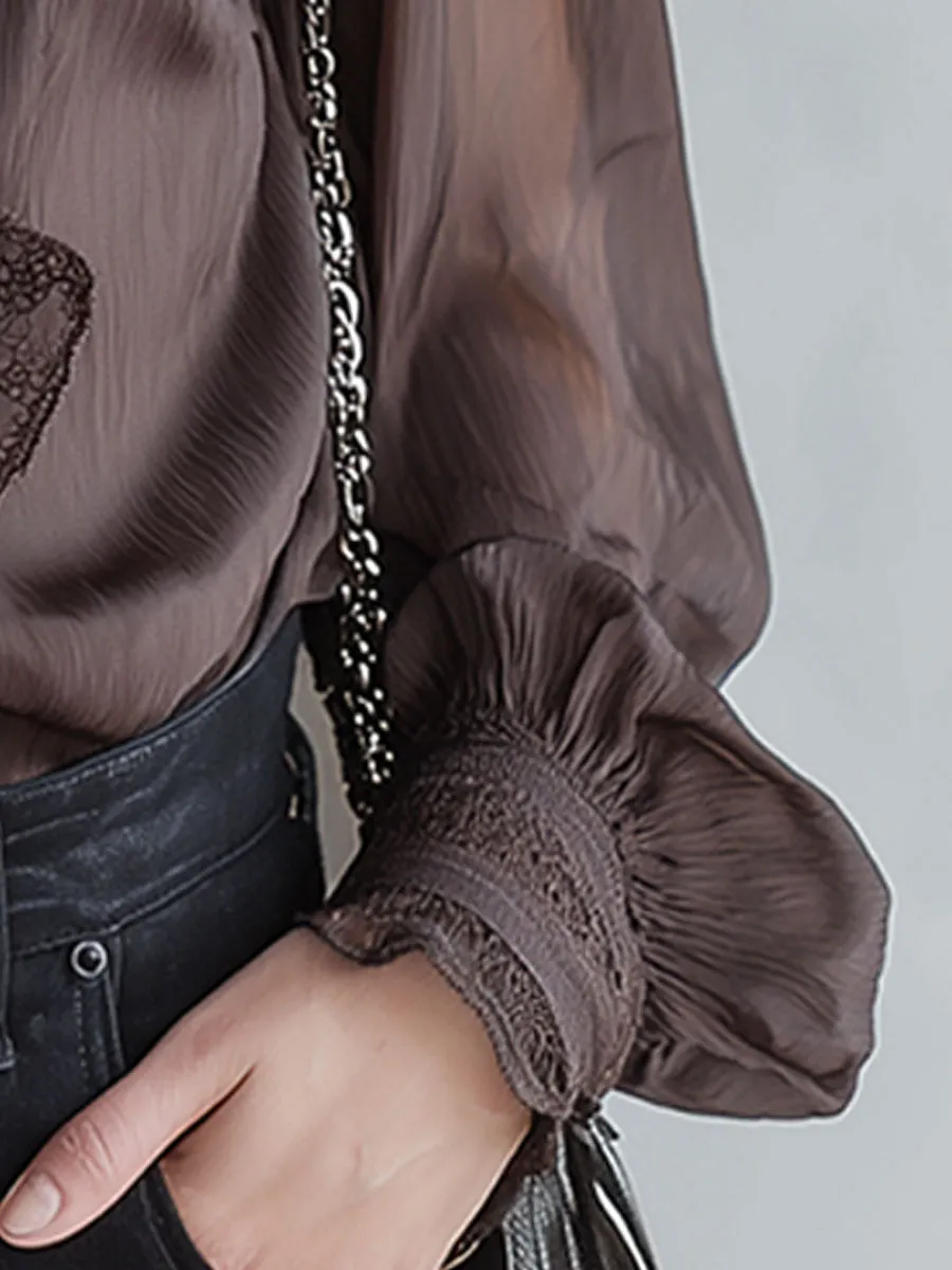 Stylish Brown Ruffled Chiffon Long-Sleeved Shirt sold by Oyrosy product image thumbnail 4
