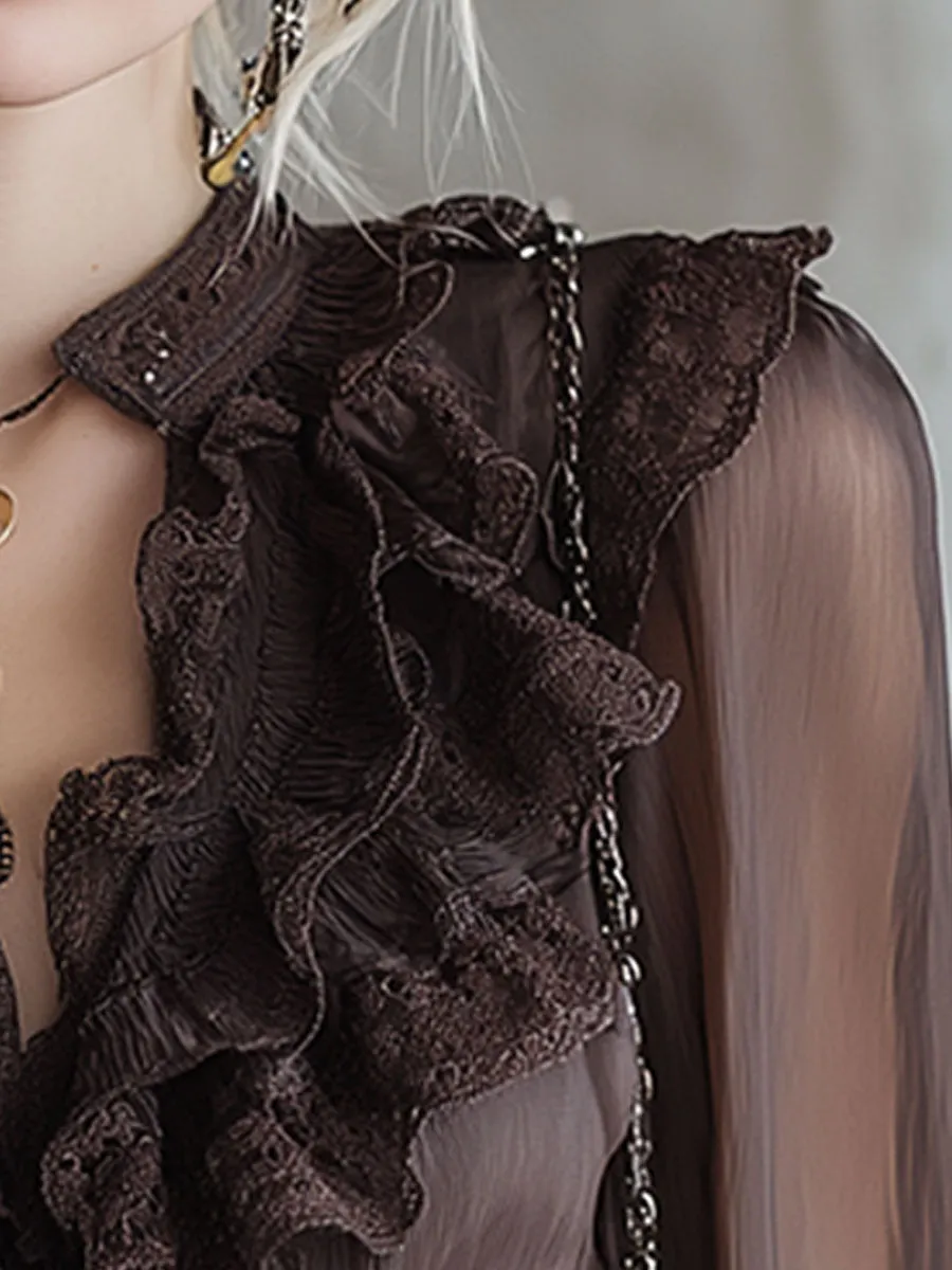 Stylish Brown Ruffled Chiffon Long-Sleeved Shirt sold by Oyrosy product image thumbnail 3