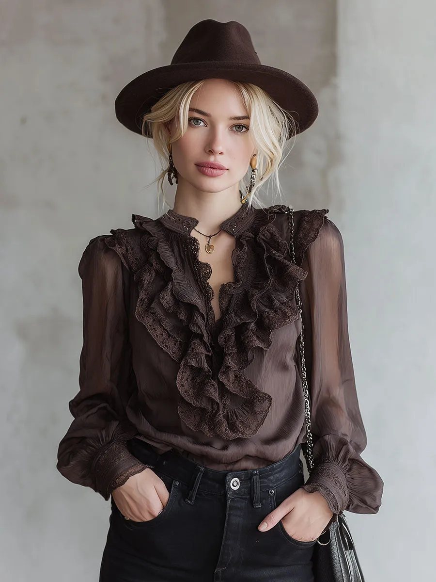 Stylish Brown Ruffled Chiffon Long-Sleeved Shirt sold by Oyrosy product image thumbnail 2