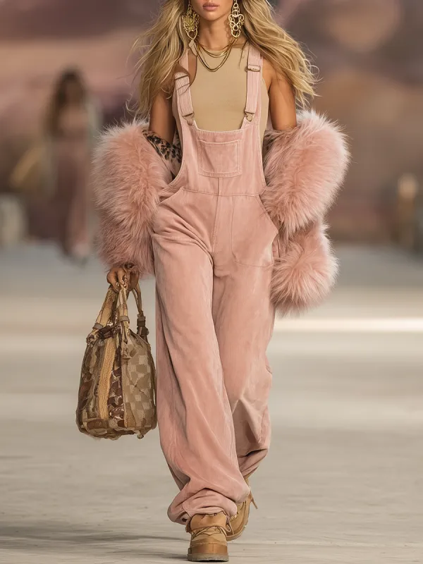 Retro Western Style Solid Color Faux Suede Overalls sold by Oyrosy