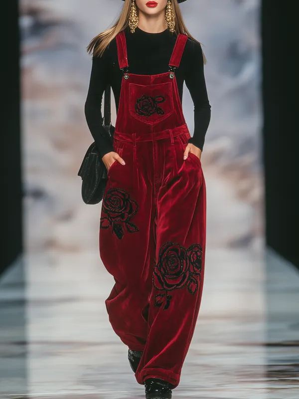 Vintage Rose Embroidered Velvet Overalls sold by Oyrosy
