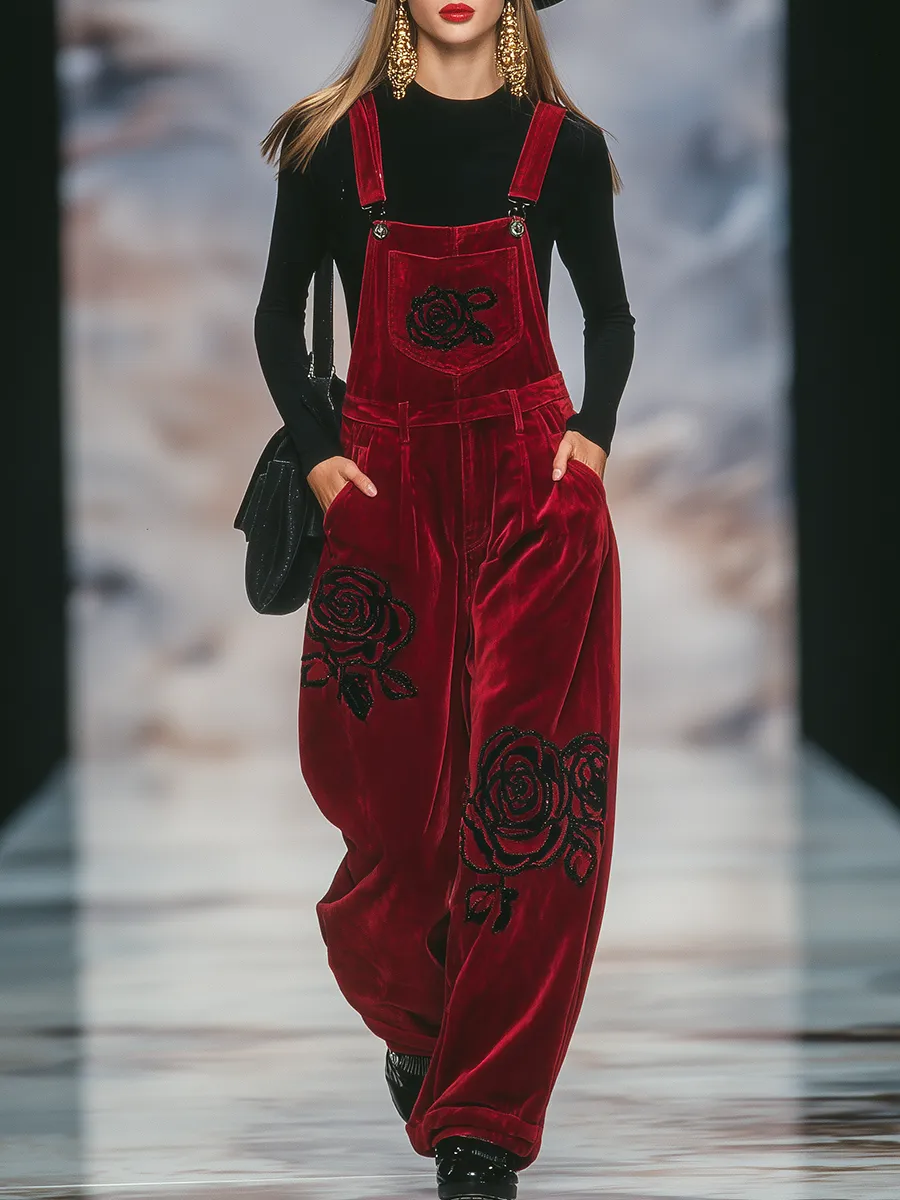 Vintage Rose Embroidered Velvet Overalls sold by Oyrosy
