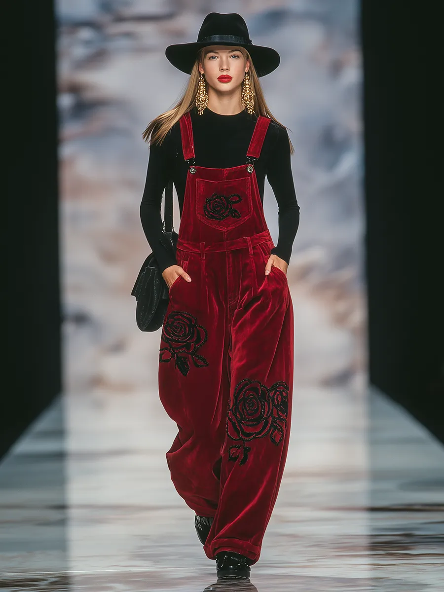 Vintage Rose Embroidered Velvet Overalls sold by Oyrosy product image thumbnail 2