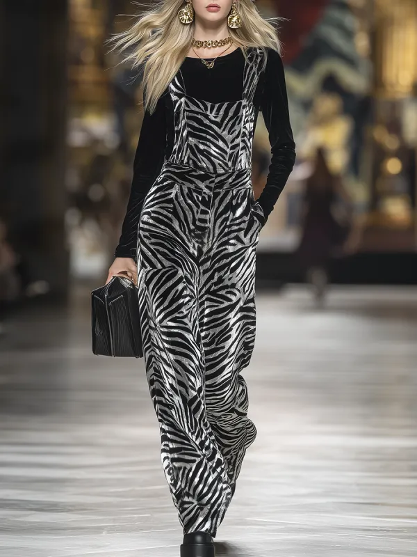 Retro Urban Zebra Print Velvet Overalls sold by Oyrosy