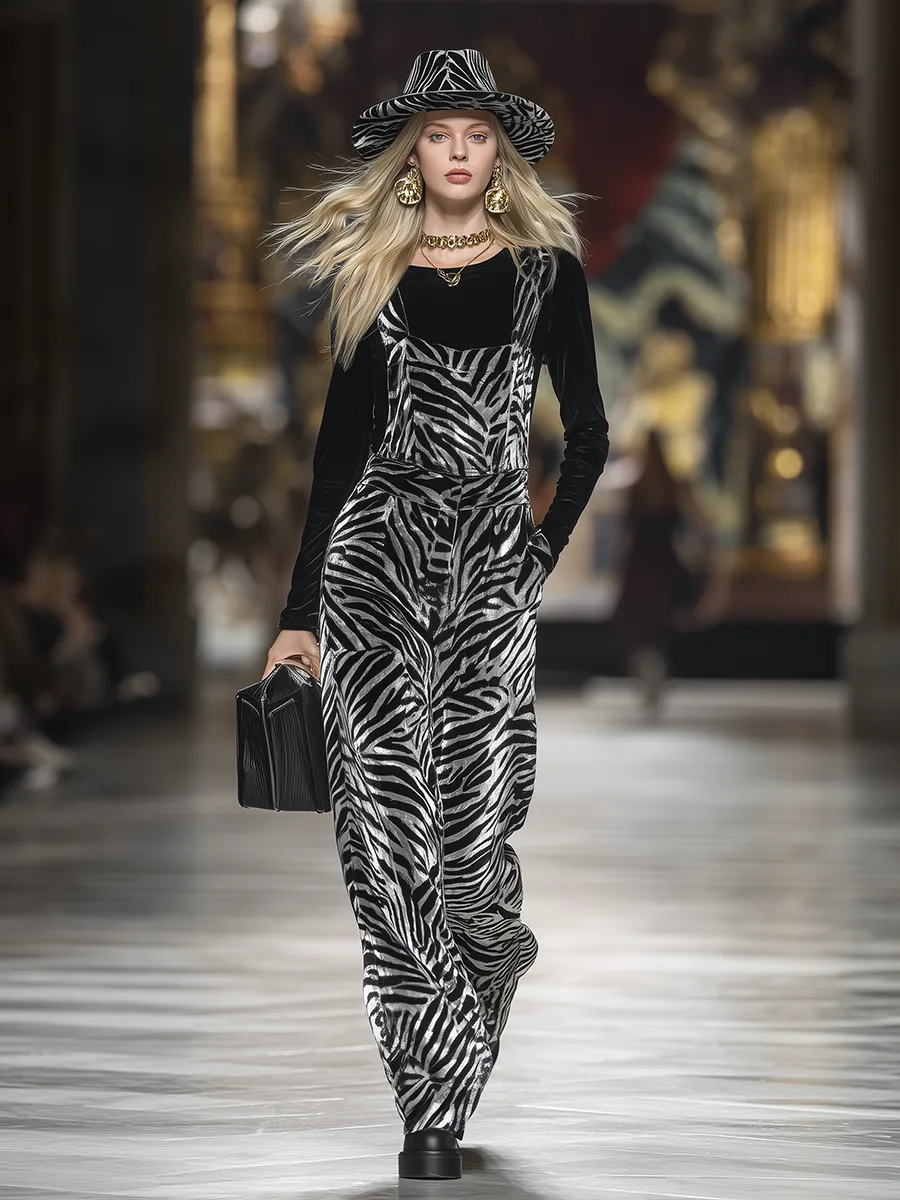 Retro Urban Zebra Print Velvet Overalls sold by Oyrosy product image thumbnail 2