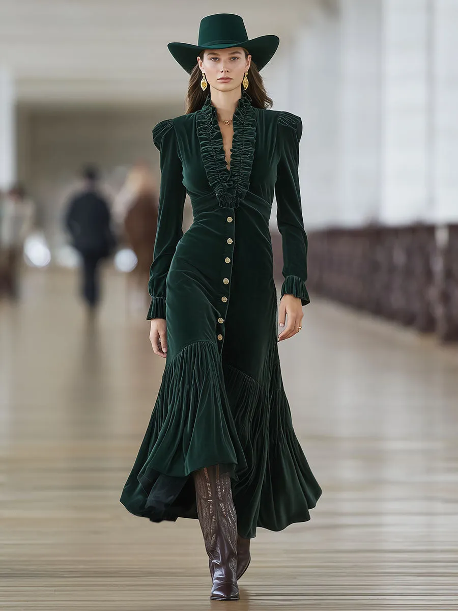 Western Emerald Velvet Patchwork Ruffled Button Maxi Dress sold by Oyrosy product image thumbnail 2