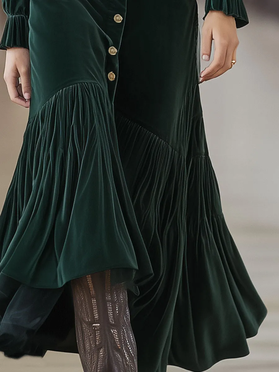 Western Emerald Velvet Patchwork Ruffled Button Maxi Dress sold by Oyrosy product image thumbnail 3