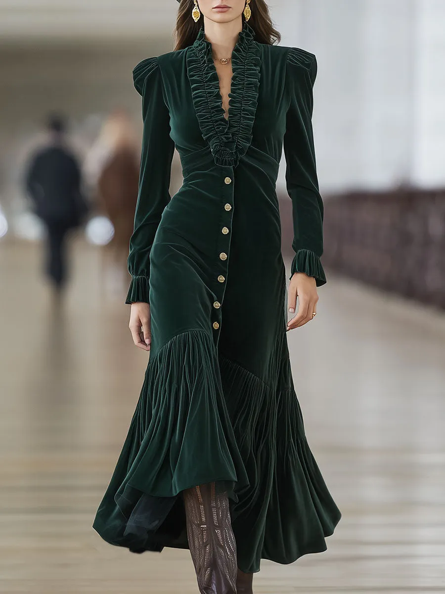 Western Emerald Velvet Patchwork Ruffled Button Maxi Dress sold by Oyrosy