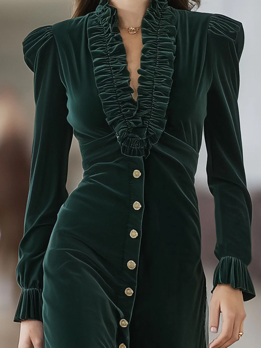 Western Emerald Velvet Patchwork Ruffled Button Maxi Dress sold by Oyrosy product image thumbnail 4