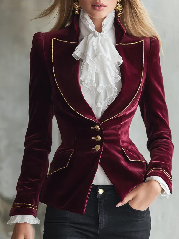 Retro Court Style Gold-trimmed Velvet Blazer sold by Oyrosy