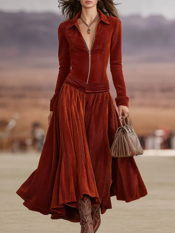 Rust-colored Corduroy Zipper Flared Skirt Maxi Dress sold by Oyrosy