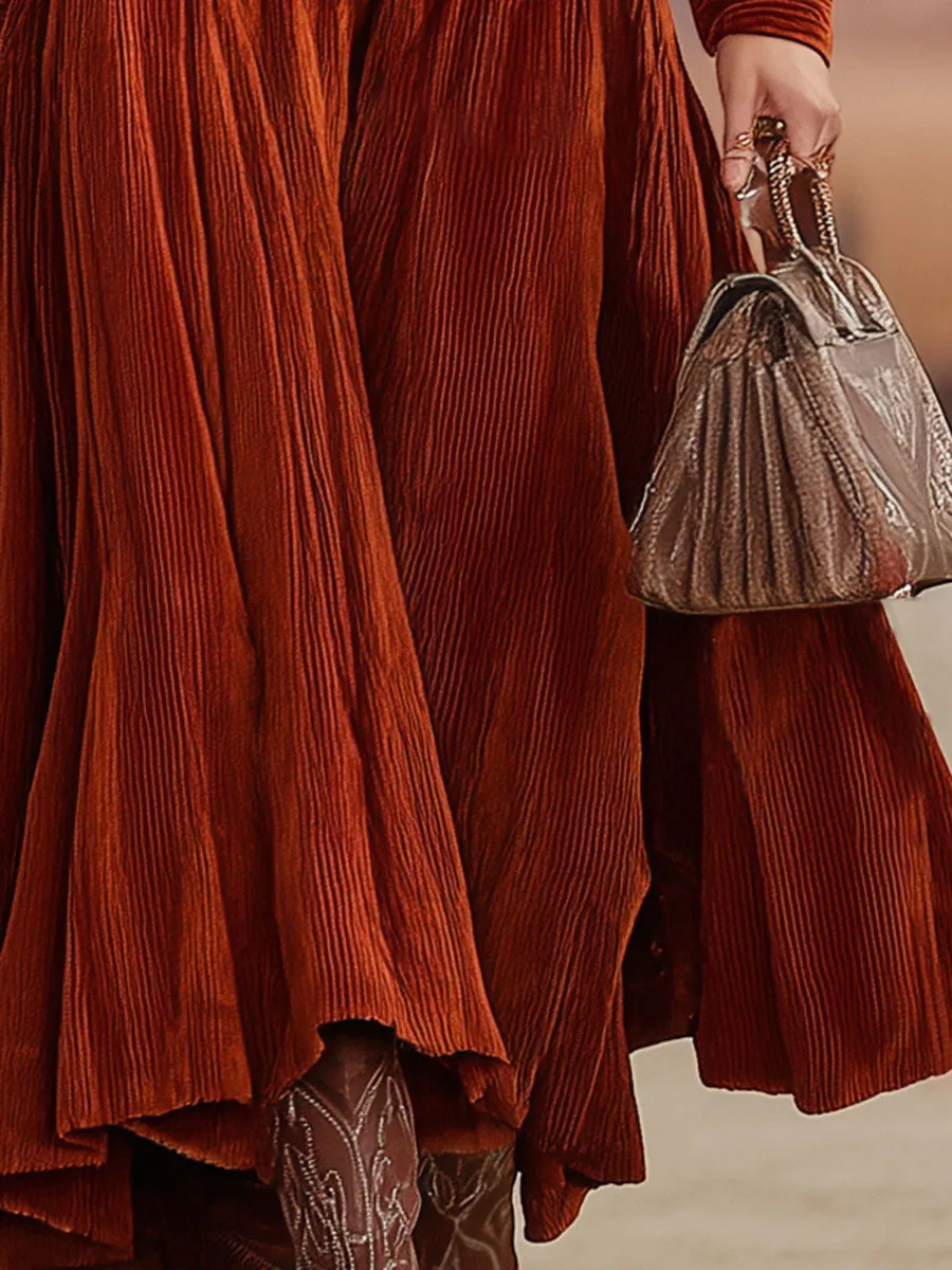 Rust-colored Corduroy Zipper Flared Skirt Maxi Dress sold by Oyrosy product image thumbnail 3