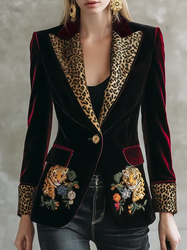 Retro Court Style Embroidered Leopard Print Lapel Velvet Blazer sold by Oyrosy
