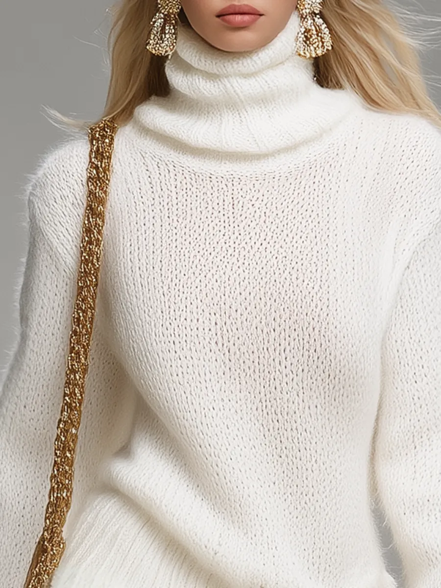 Elegant Comfortable Solid Color Turtleneck Tassel Knit Mini Dress sold by Oyrosy product image thumbnail 3