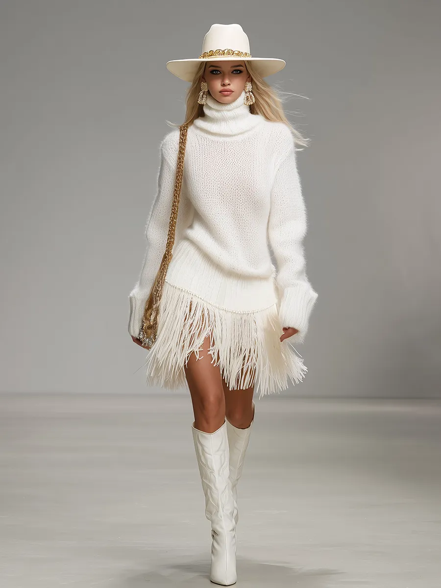 Elegant Comfortable Solid Color Turtleneck Tassel Knit Mini Dress sold by Oyrosy product image thumbnail 2