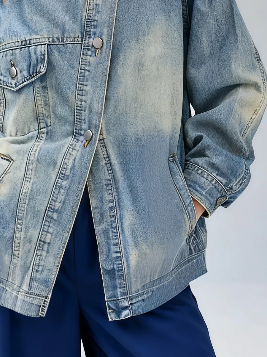Retro-chic Stand-up Collar Washed Distressed Denim Jacket sold by Oyrosy product image thumbnail 4
