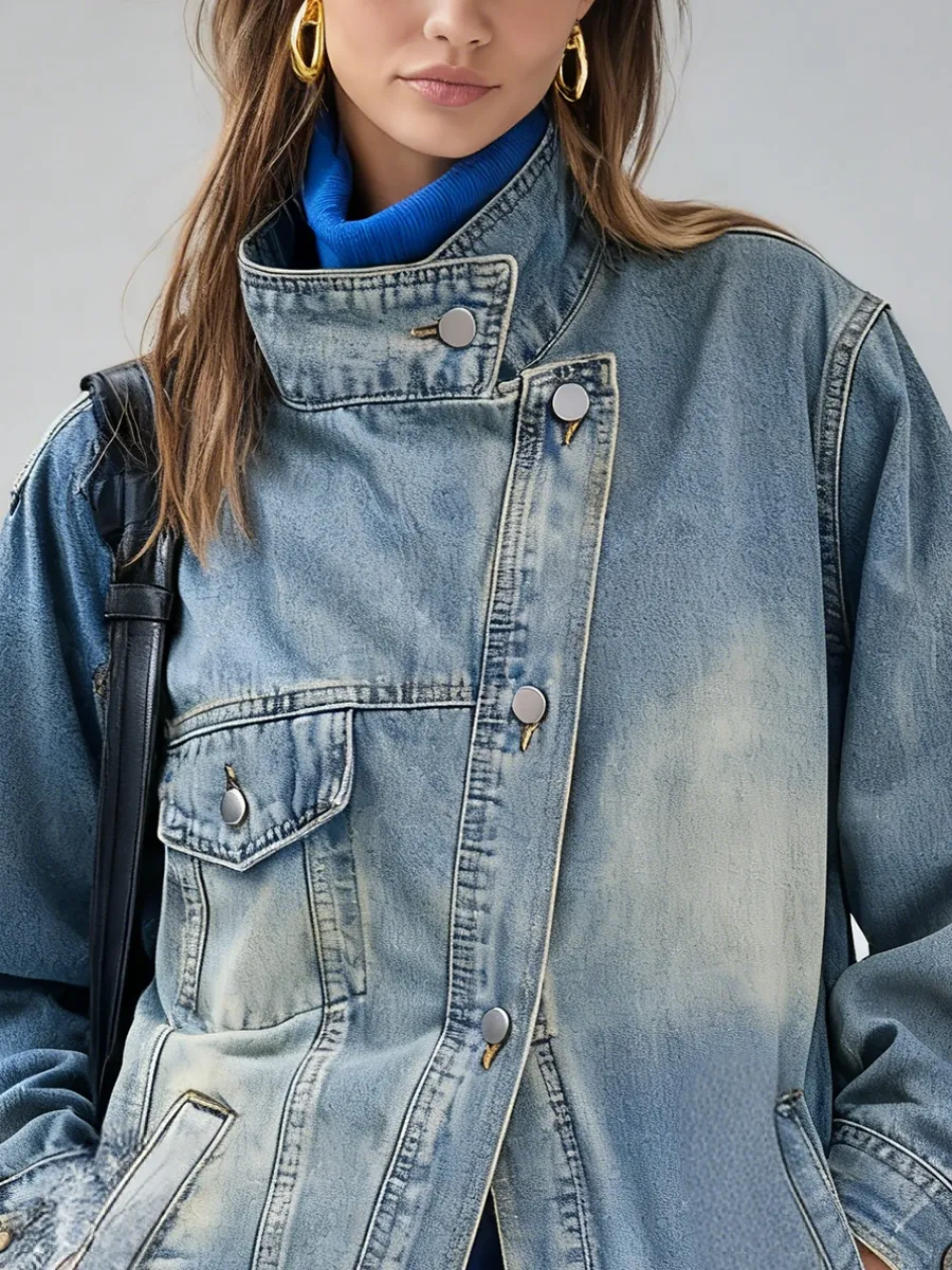 Retro-chic Stand-up Collar Washed Distressed Denim Jacket sold by Oyrosy product image thumbnail 3