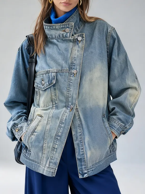 Retro-chic Stand-up Collar Washed Distressed Denim Jacket sold by Oyrosy