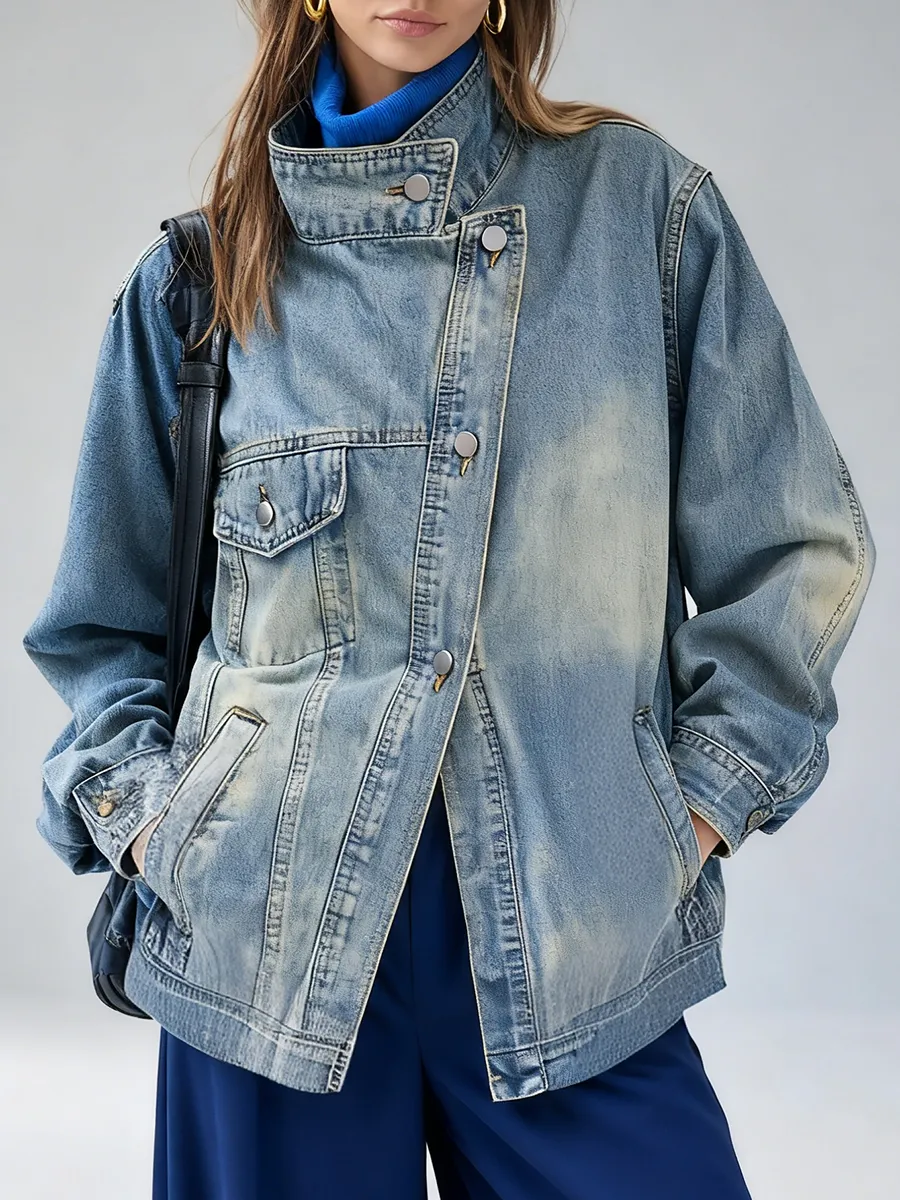 Retro-chic Stand-up Collar Washed Distressed Denim Jacket sold by Oyrosy