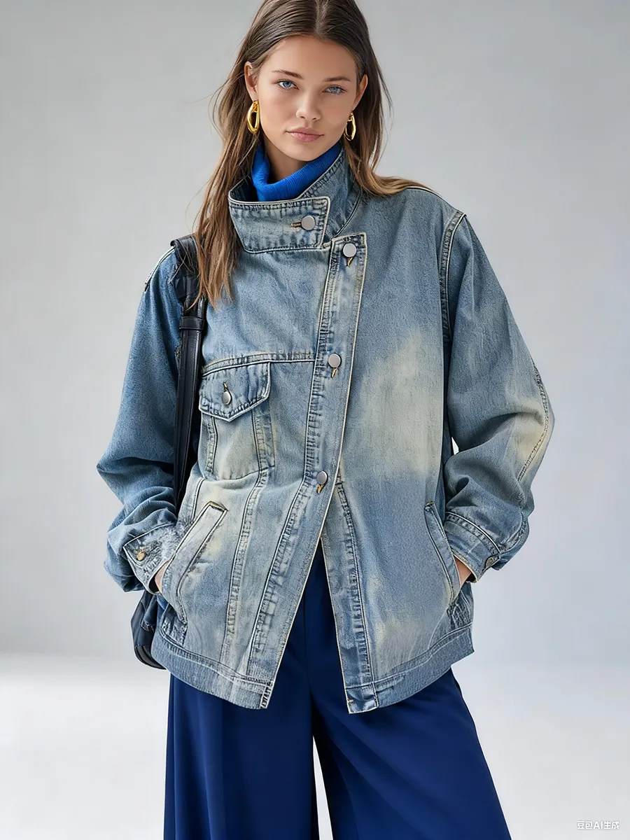 Retro-chic Stand-up Collar Washed Distressed Denim Jacket sold by Oyrosy product image thumbnail 2