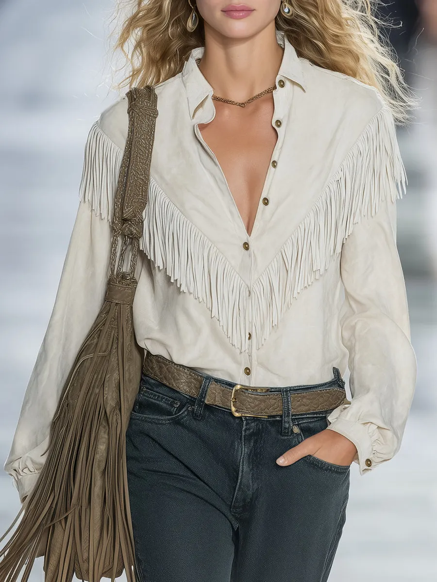 Retro Casual Off-white Faux Suede Collar Tassel Shirt sold by Oyrosy