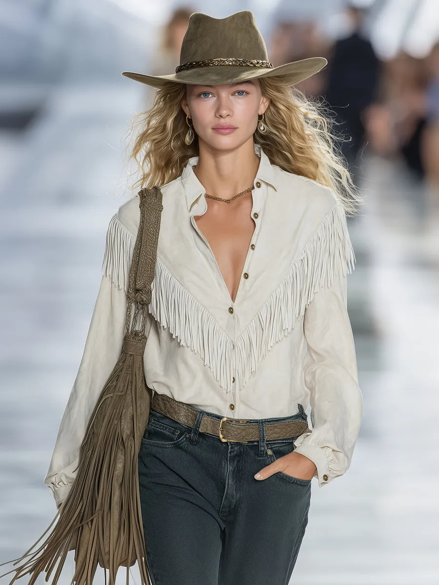 Retro Casual Off-white Faux Suede Collar Tassel Shirt sold by Oyrosy product image thumbnail 2