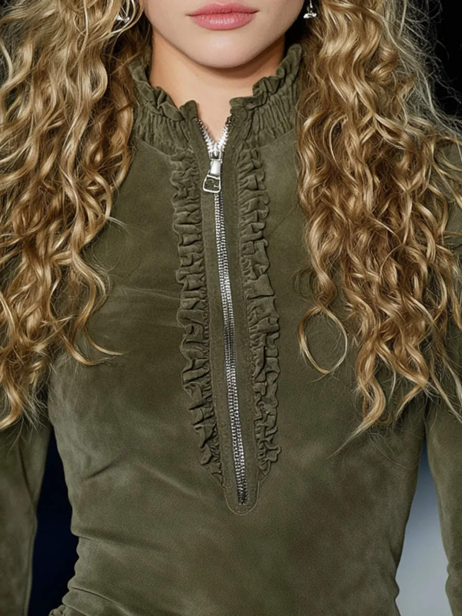 Casual Retro Ruffled Half-zip Olive Green Faux Suede Blouse sold by Oyrosy product image thumbnail 3