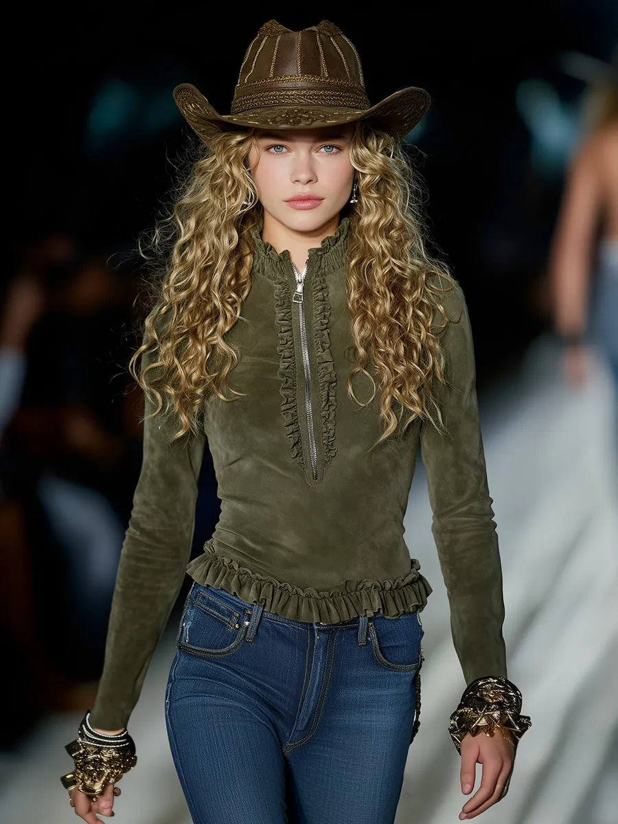 Casual Retro Ruffled Half-zip Olive Green Faux Suede Blouse sold by Oyrosy product image thumbnail 2