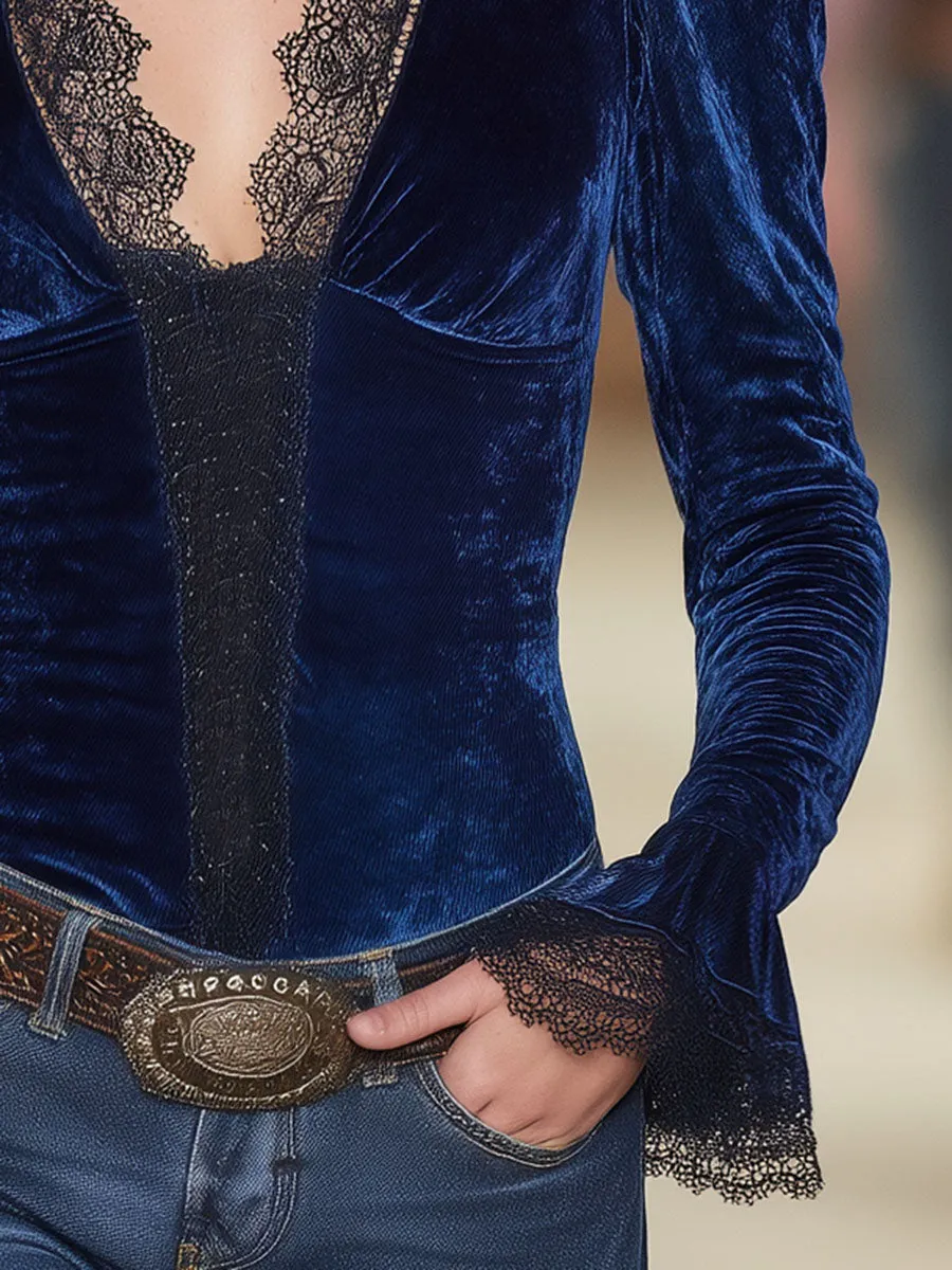 Western Velvet Patchwork Black Lace Top sold by Oyrosy product image thumbnail 4