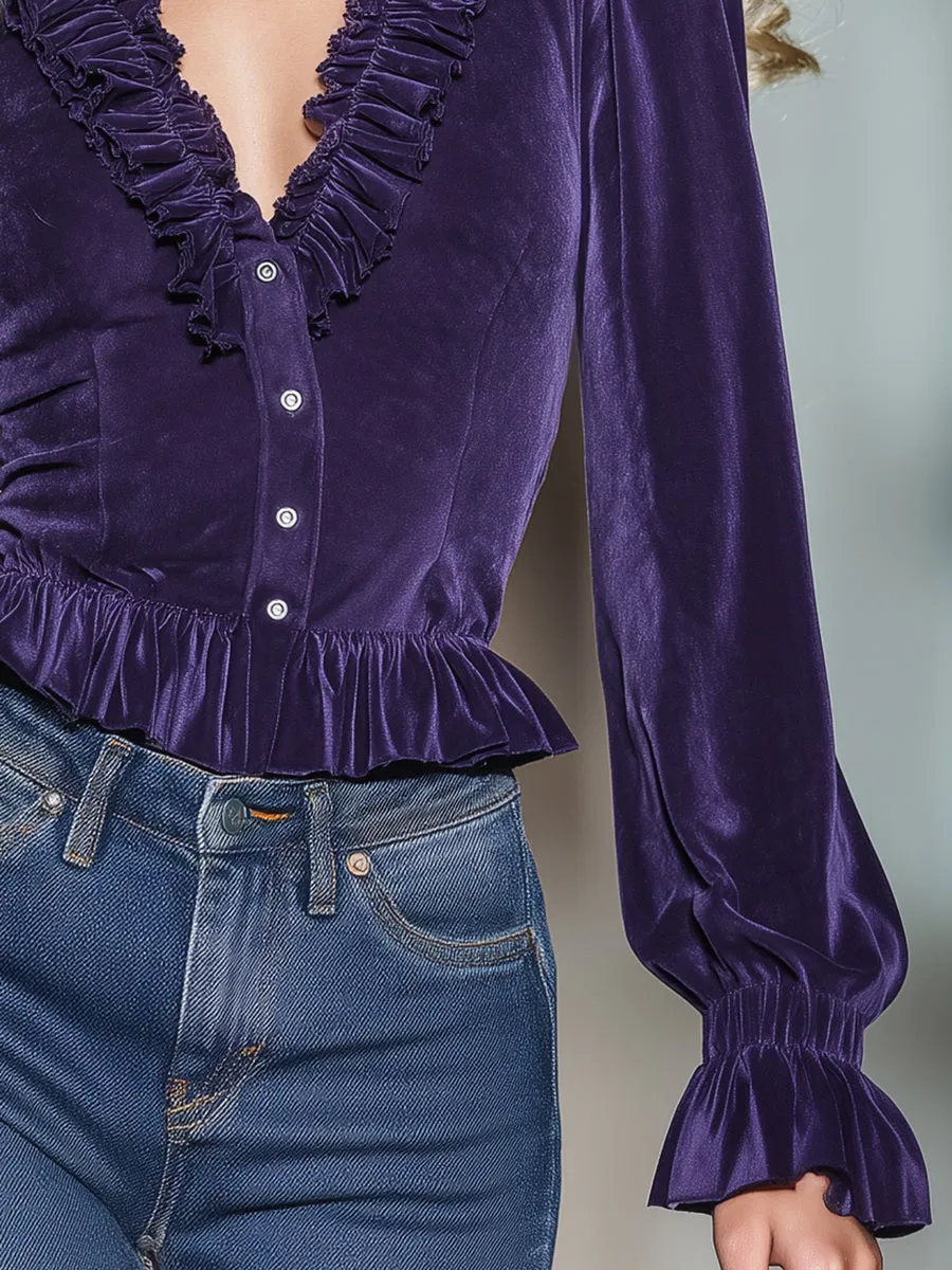 Casual Retro V-neck Ruffled Purple Velvet Shirt sold by Oyrosy product image thumbnail 4