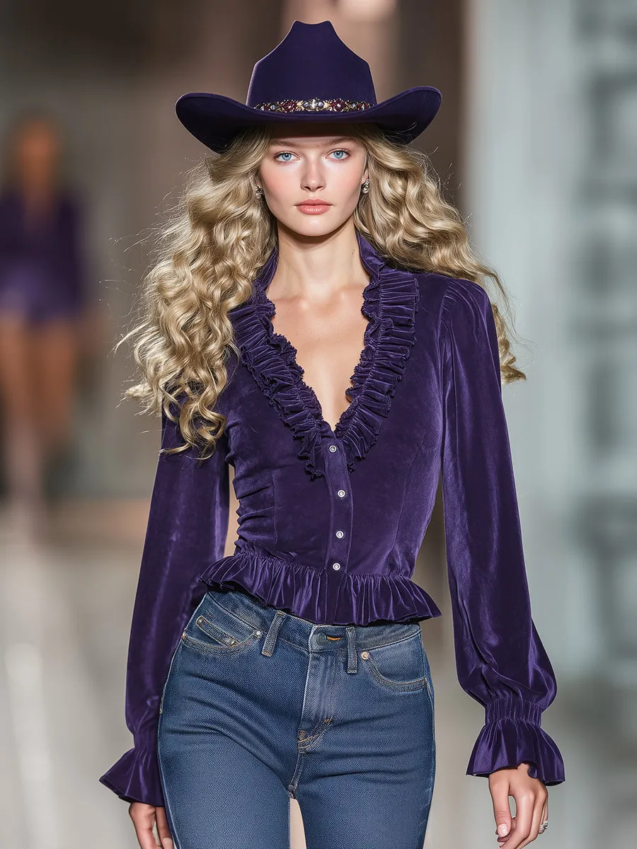 Casual Retro V-neck Ruffled Purple Velvet Shirt sold by Oyrosy product image thumbnail 2