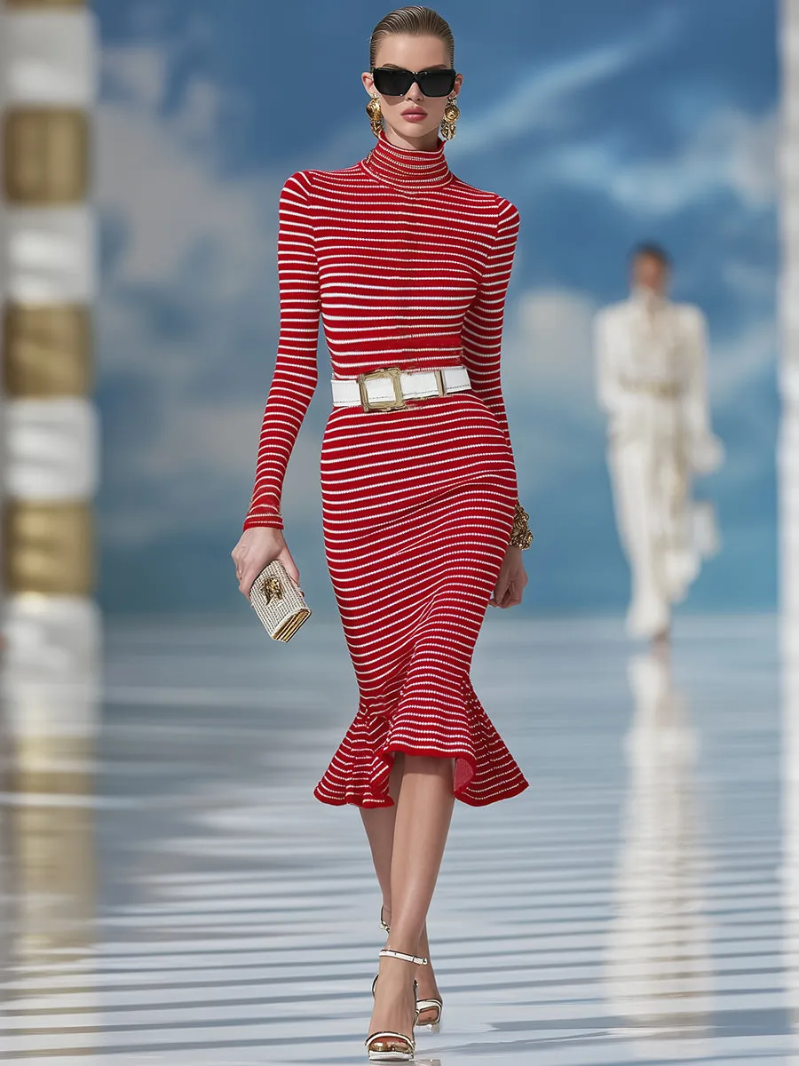 Stylish And Elegant Red And White Striped Turtleneck Fishtail Knit Midi Dress sold by Oyrosy product image thumbnail 2