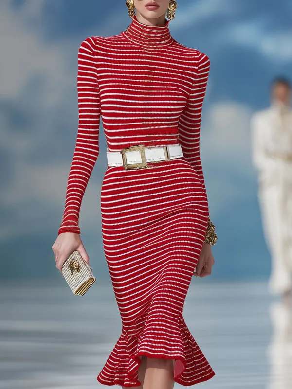 Stylish And Elegant Red And White Striped Turtleneck Fishtail Knit Midi Dress sold by Oyrosy