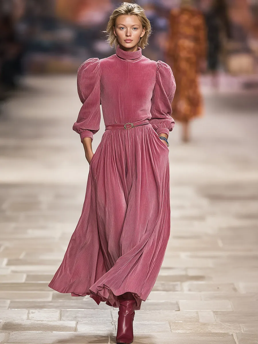 Retro Casual High-neck Pink Corduroy Maxi Dress sold by Oyrosy product image thumbnail 2