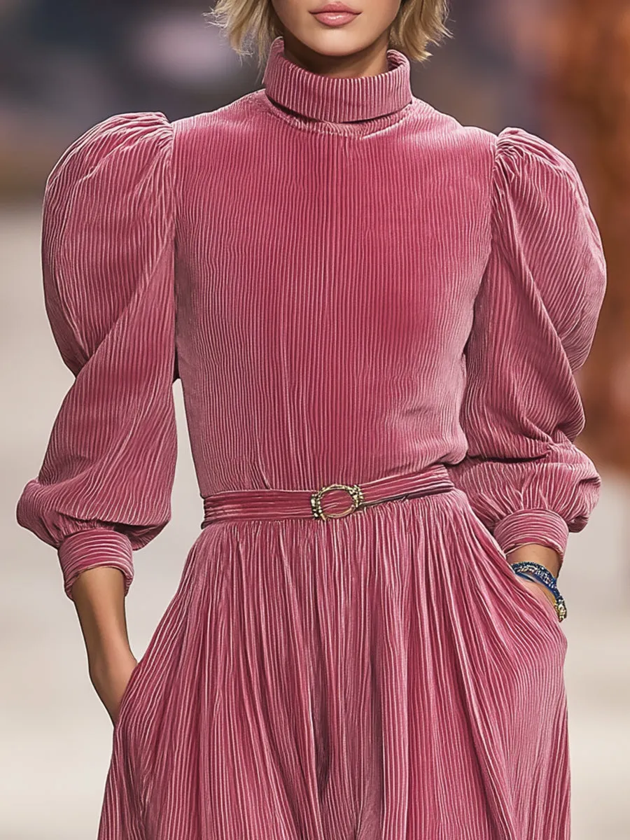 Retro Casual High-neck Pink Corduroy Maxi Dress sold by Oyrosy product image thumbnail 3