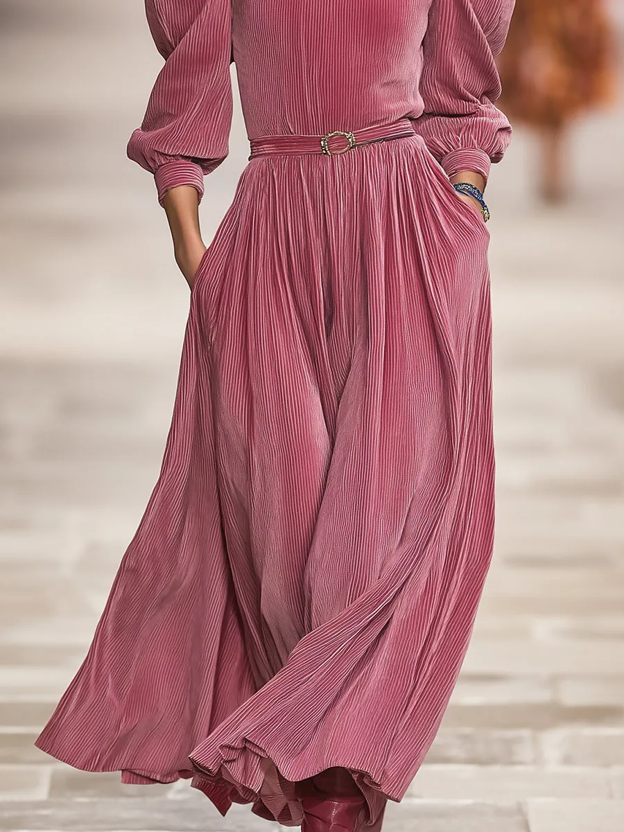 Retro Casual High-neck Pink Corduroy Maxi Dress sold by Oyrosy product image thumbnail 4