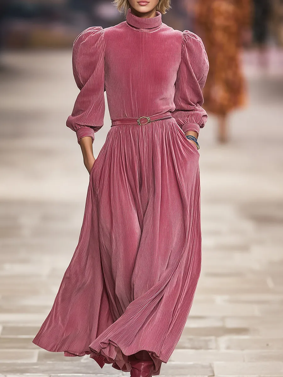 Retro Casual High-neck Pink Corduroy Maxi Dress sold by Oyrosy