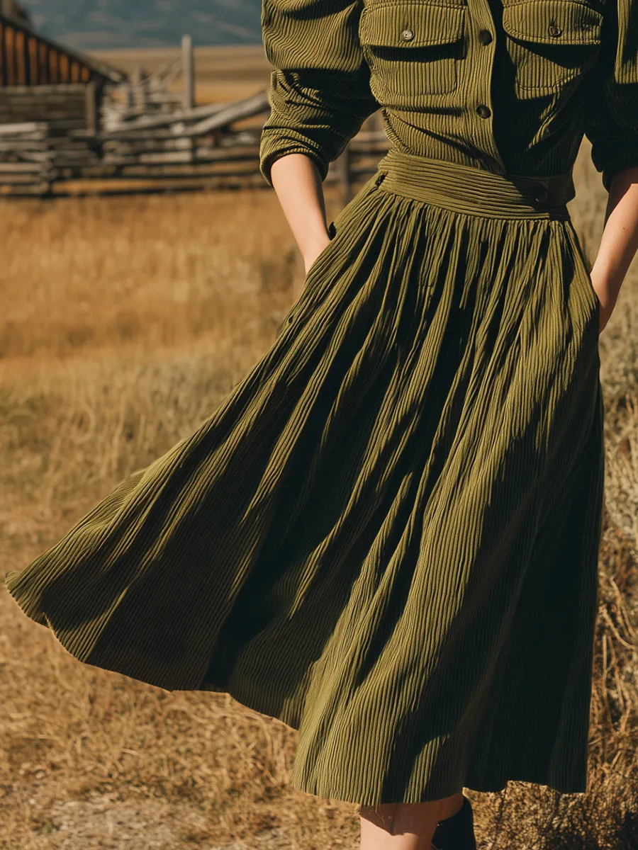 Retro Casual Olive Green Corduroy Collared Pleated Maxi Dress sold by Oyrosy product image thumbnail 4