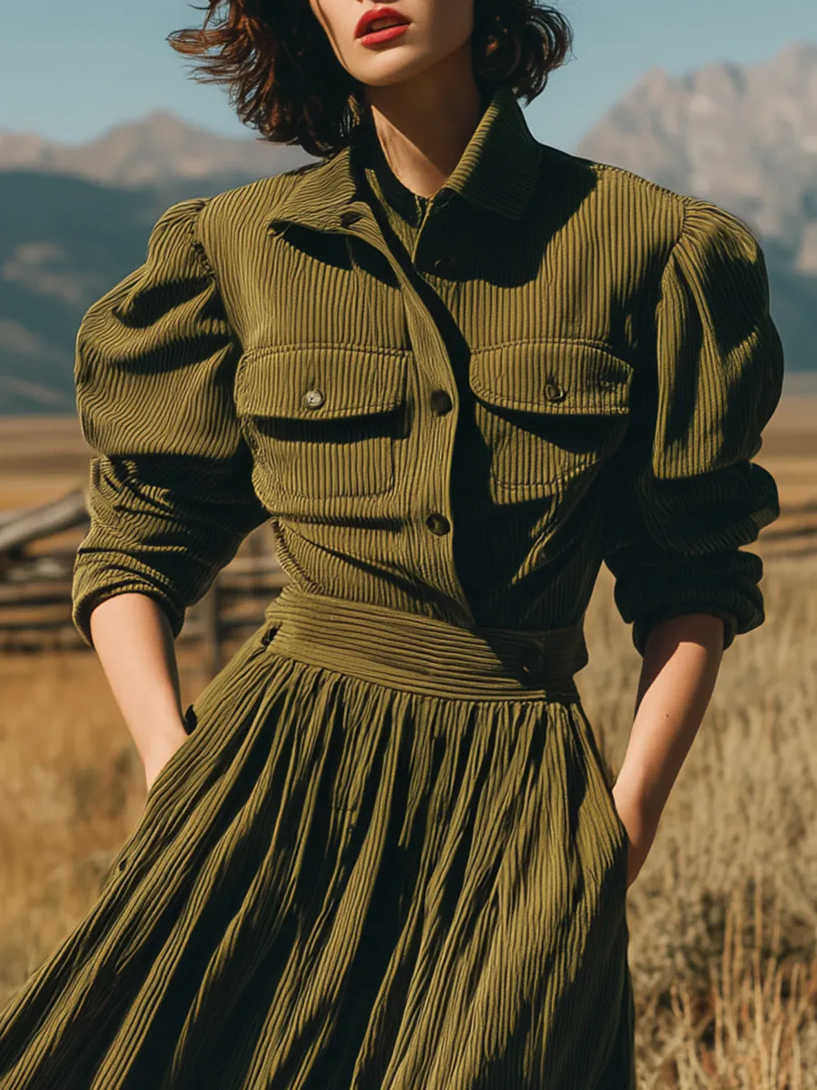 Retro Casual Olive Green Corduroy Collared Pleated Maxi Dress sold by Oyrosy product image thumbnail 3