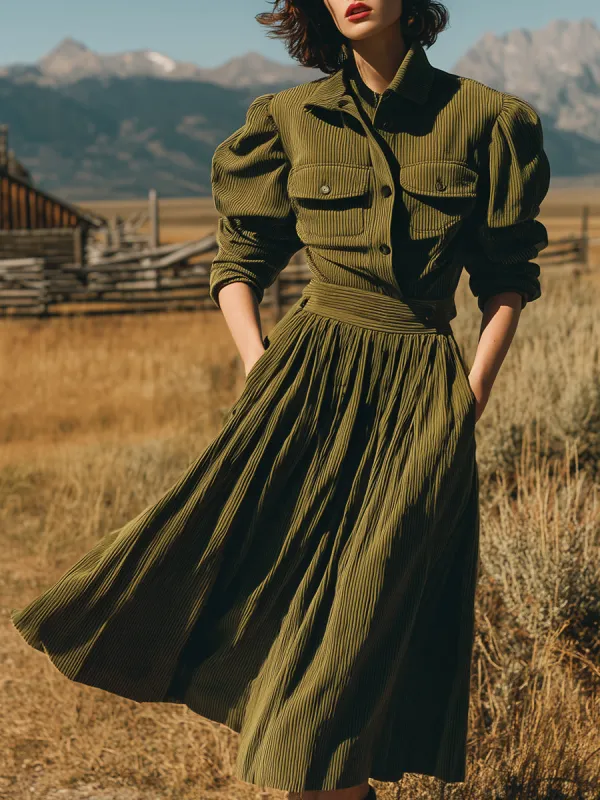 Retro Casual Olive Green Corduroy Collared Pleated Maxi Dress sold by Oyrosy