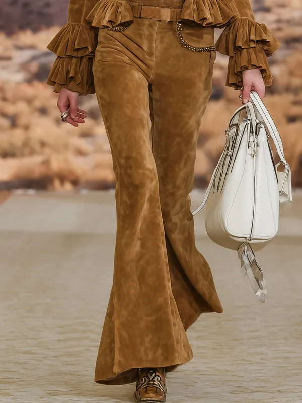 Retro Casual Brown Faux Suede Flared Pants sold by Oyrosy
