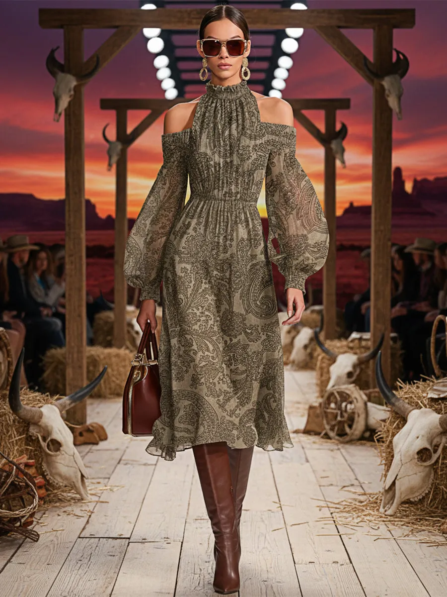 Casual Retro High-neck Off-shoulder Cashew Print Faux Suede Midi Dress sold by Oyrosy product image thumbnail 2