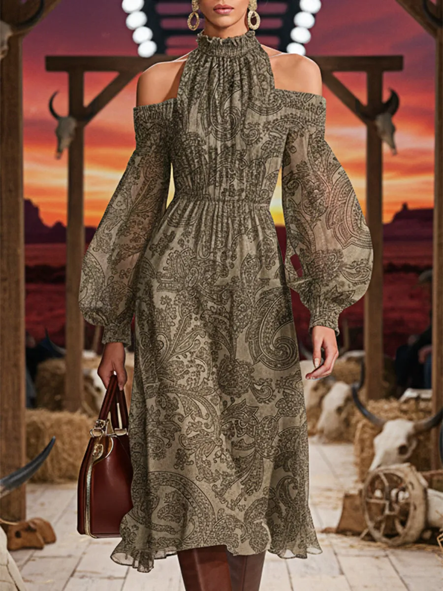 Casual Retro High-neck Off-shoulder Cashew Print Faux Suede Midi Dress sold by Oyrosy