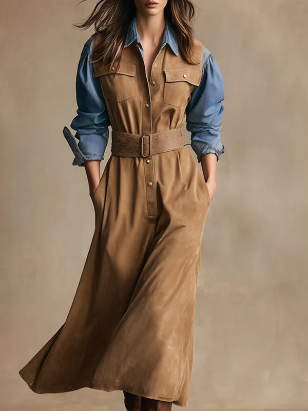 Retro-style Khaki Faux Suede Denim Long-sleeved Maxi Dress sold by Oyrosy